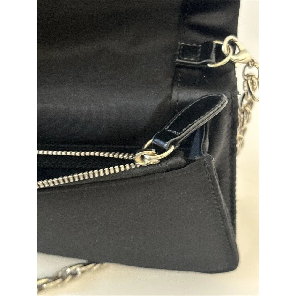 White House Black Market Black Satin Twist Front Evening Clutch w/Silver Chain - Picture 9 of 16